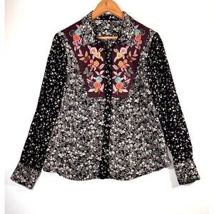 Anthropologie‎ Blouse Medium Black Ivory Floral Embroidered Rayon Western Boho